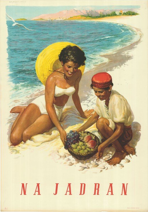 Vintage Travel Poster: Adriatic Coast with Couple and Fruit Basket