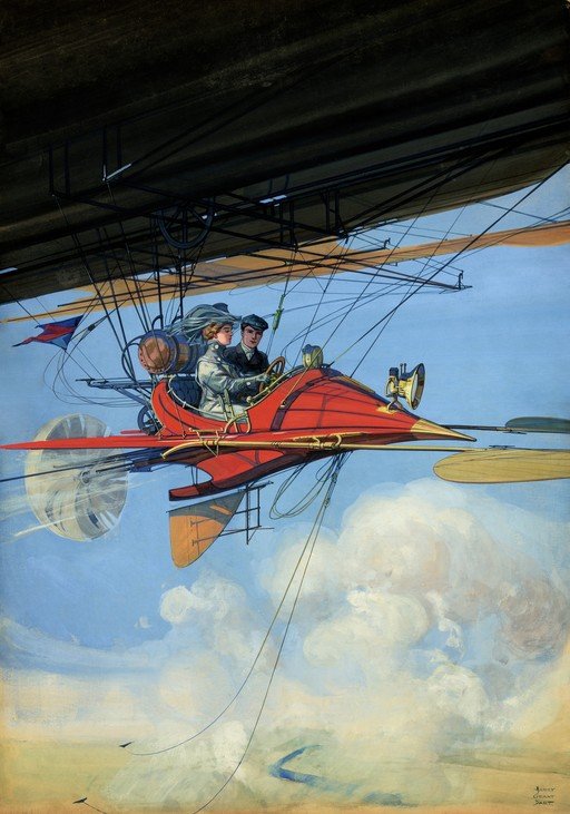 Vintage Airship Adventure: Couple Soars Through Clouds