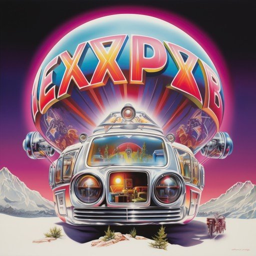 Retro Futuristic RV in Snowy Landscape with "EXXP" Logo