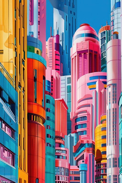 Vibrant Retro-Futuristic Cityscape with Bold Colors