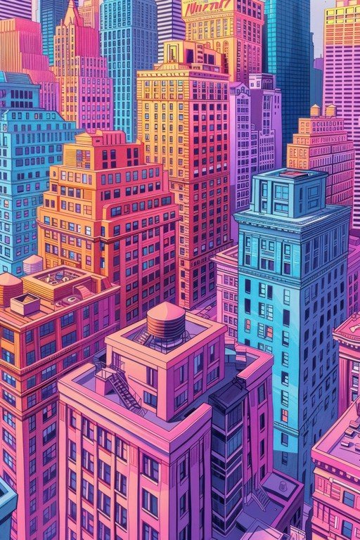Vibrant Cityscape in Retro-Futuristic Style