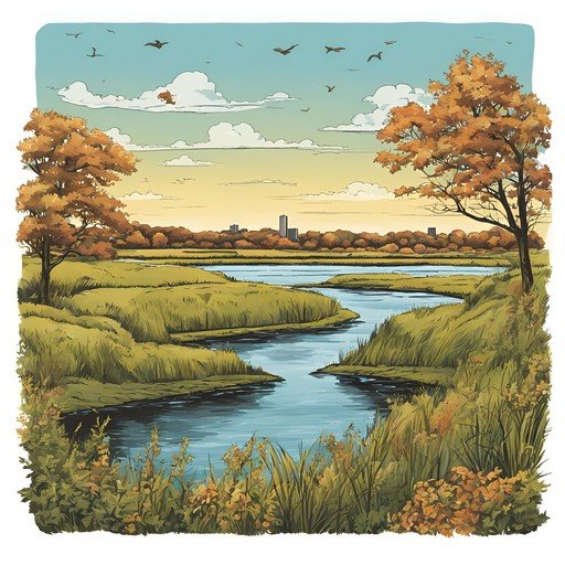 Autumn River Landscape with Distant City Skyline