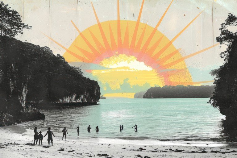 Retro Beach Scene with Stylized Sunburst