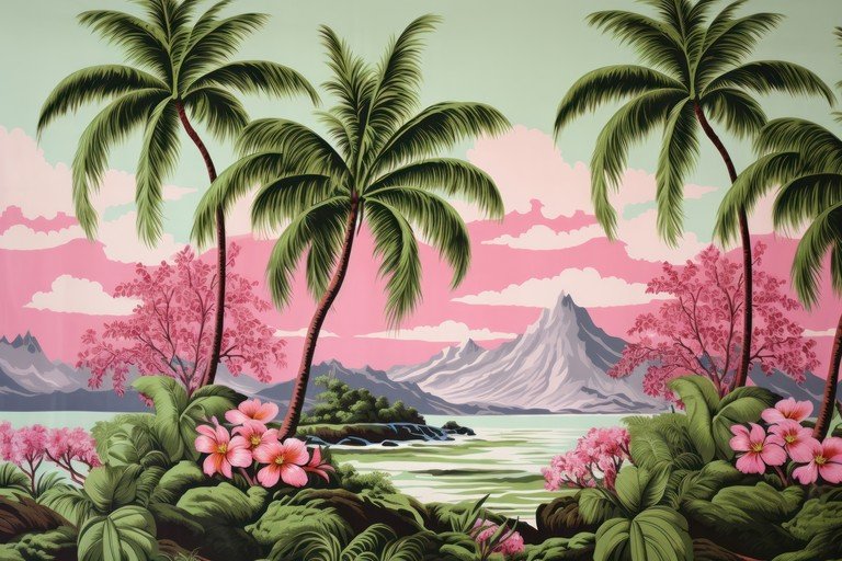 Tropical Paradise Landscape with Palm Trees and Pink Flowers