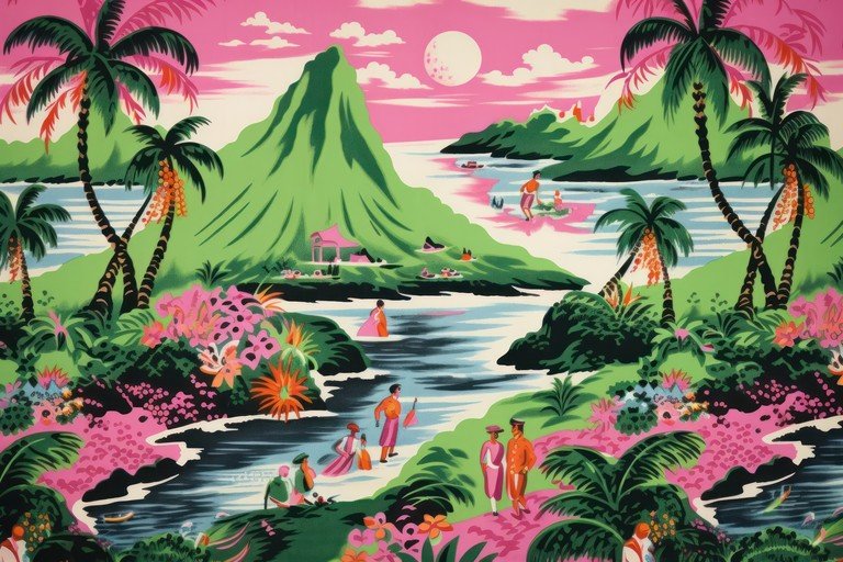 Vibrant Tropical Island Scene with People and Volcano