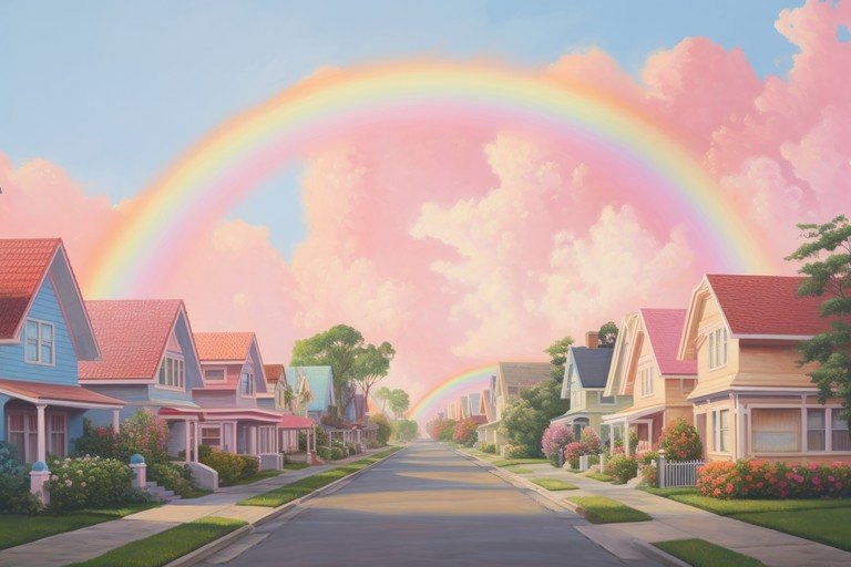 Suburban Street with Rainbow and Pink Clouds