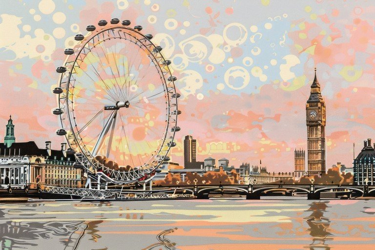 London Skyline with Eye and Big Ben at Sunset