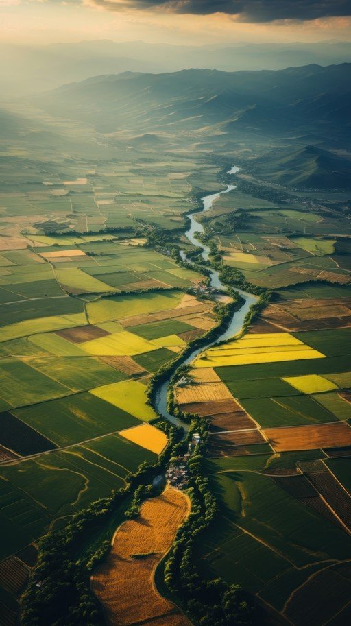 Aerial View of a Winding River Through Agricultural Fields