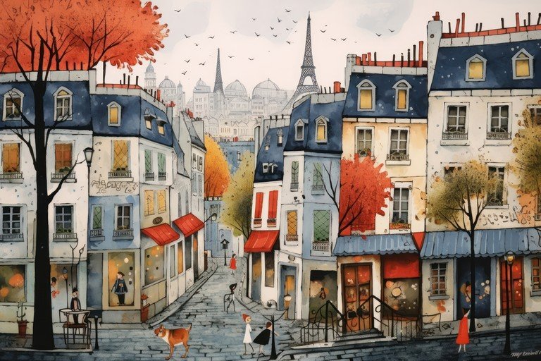 Parisian Street Scene in Autumn Watercolor