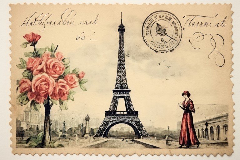 Vintage Eiffel Tower Postcard with Roses and Woman