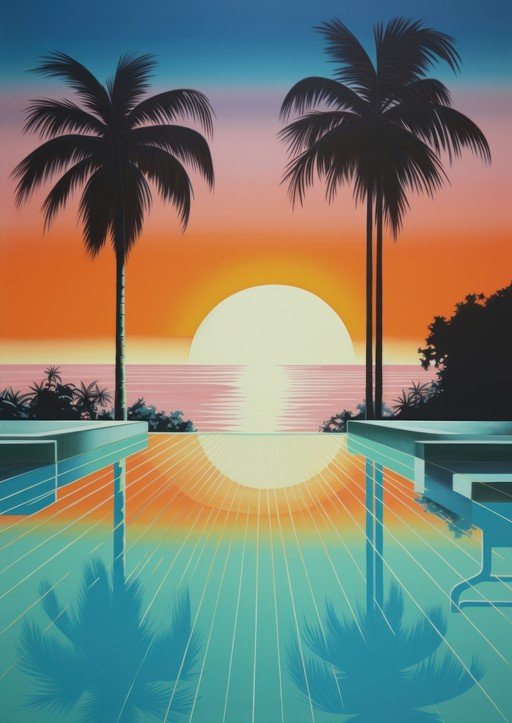 Retro Sunset Over Tropical Pool with Palm Trees
