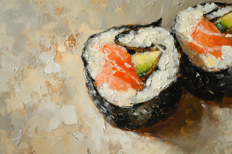 Impressionist Oil Painting of Salmon Sushi Rolls