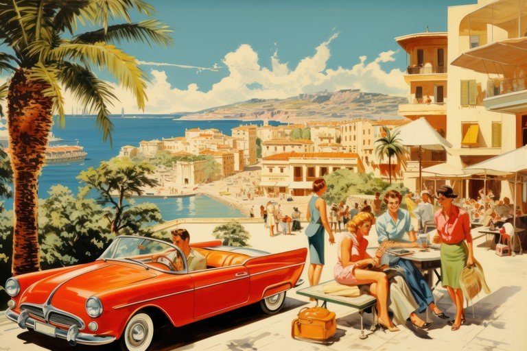 Vintage Riviera Scene with Classic Car and People