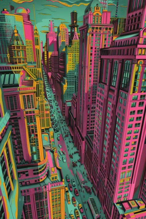 Vibrant Cityscape with Pink and Teal Buildings