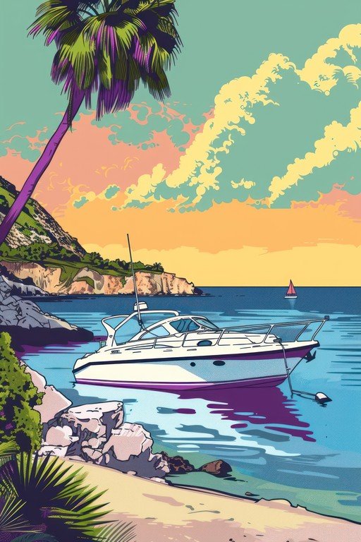 Tropical Yachting Scene with Palm Tree and Coastal Cliffs