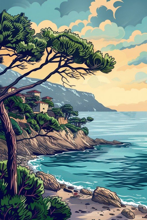Coastal Village with Pine Trees and Ocean View