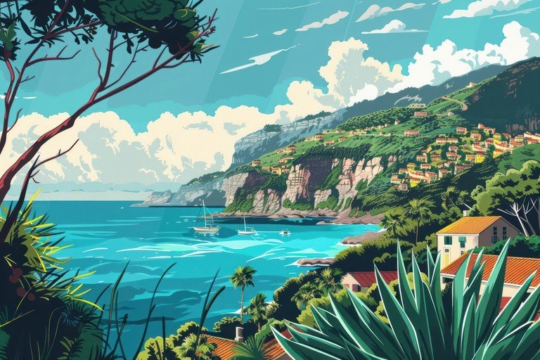 Coastal Village with Azure Waters and Verdant Hills