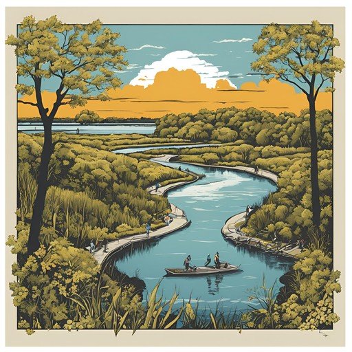 Scenic River Landscape with People Enjoying Nature