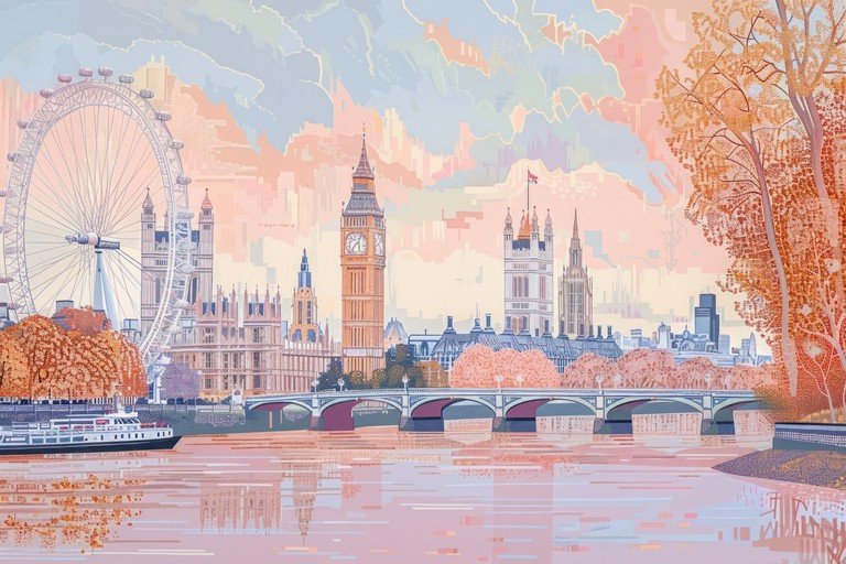 London Skyline with Big Ben and London Eye in Pastel Hues