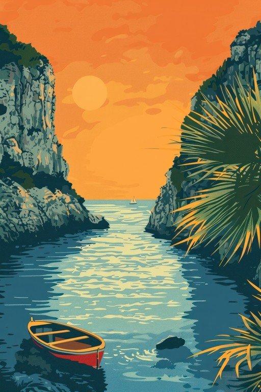 Serene Coastal Inlet with Rowboat and Sailboat