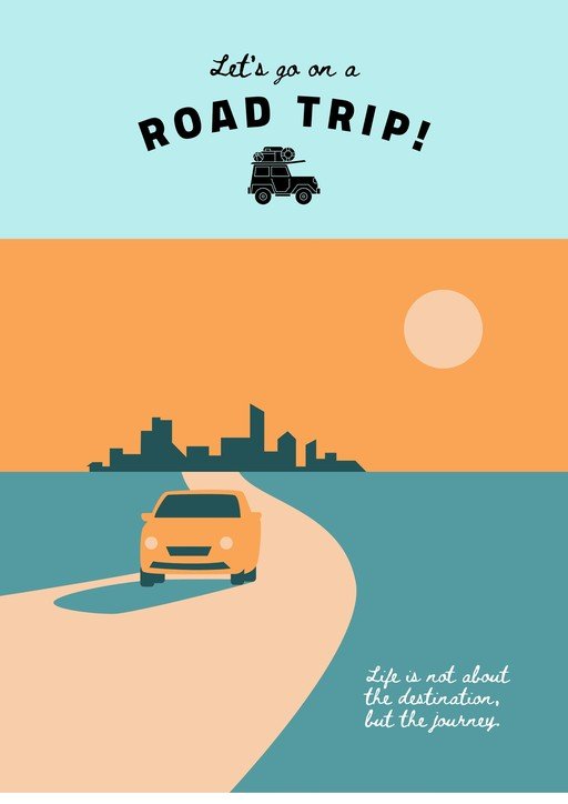 Road Trip Adventure: Car Driving Towards City Skyline