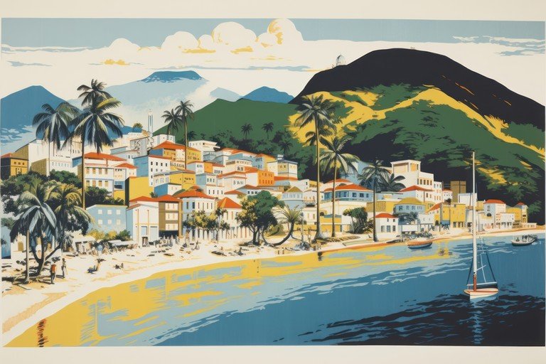 Tropical Coastal Town with Sailboat and Palm Trees