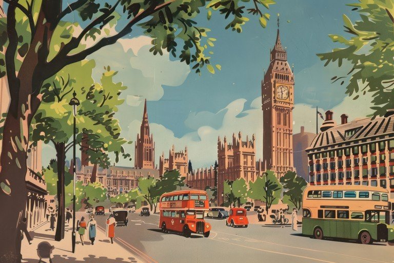 Vintage London Scene with Big Ben and Double-Decker Buses