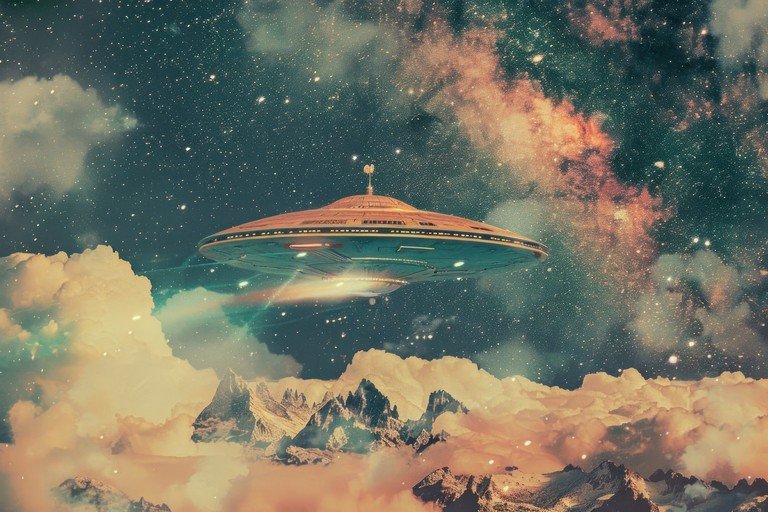 Retro UFO hovers over alien mountain landscape