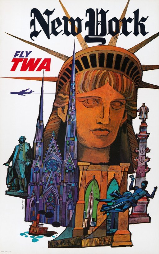 New York City Travel Poster with Lady Liberty and Landmarks