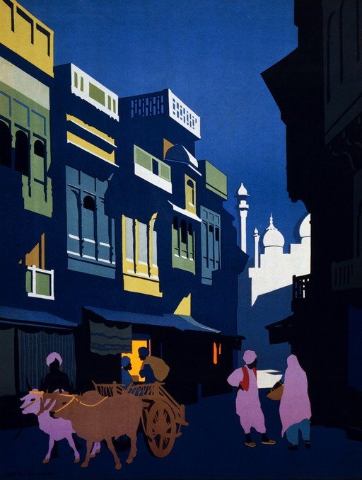 Art Deco Street Scene in India at Dusk