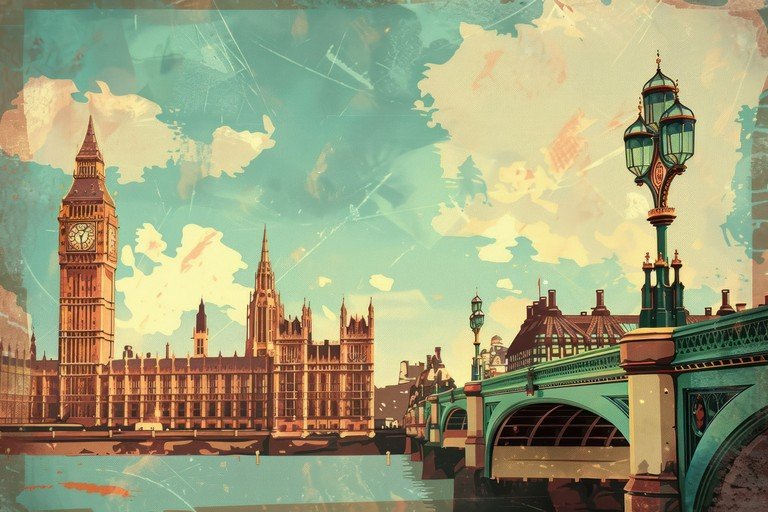 Vintage London Skyline with Big Ben and Westminster Bridge