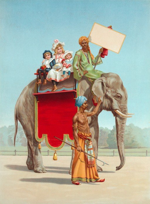 Children Ride Elephant with Handlers and Blank Sign