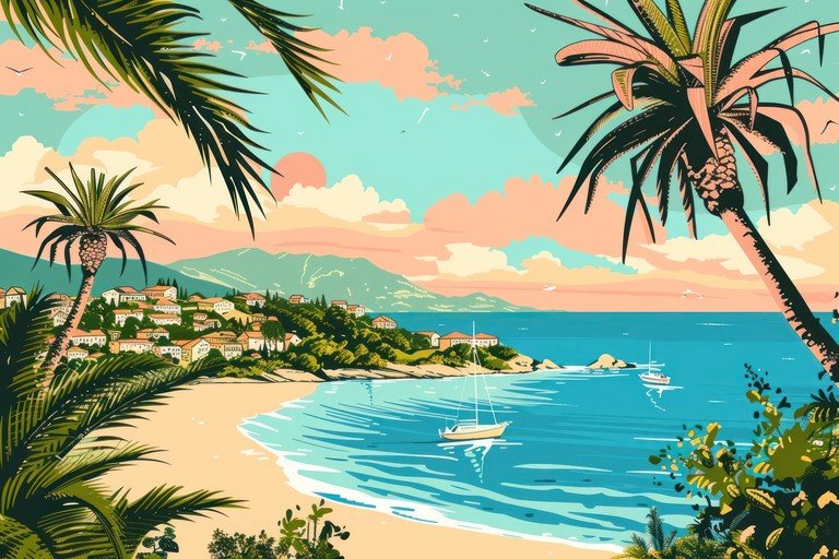 Tropical Beach Town with Palm Trees and Sailboats