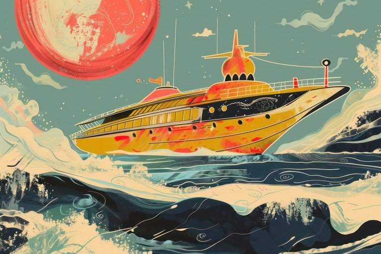 Retro Yacht Sails Under a Red Planet