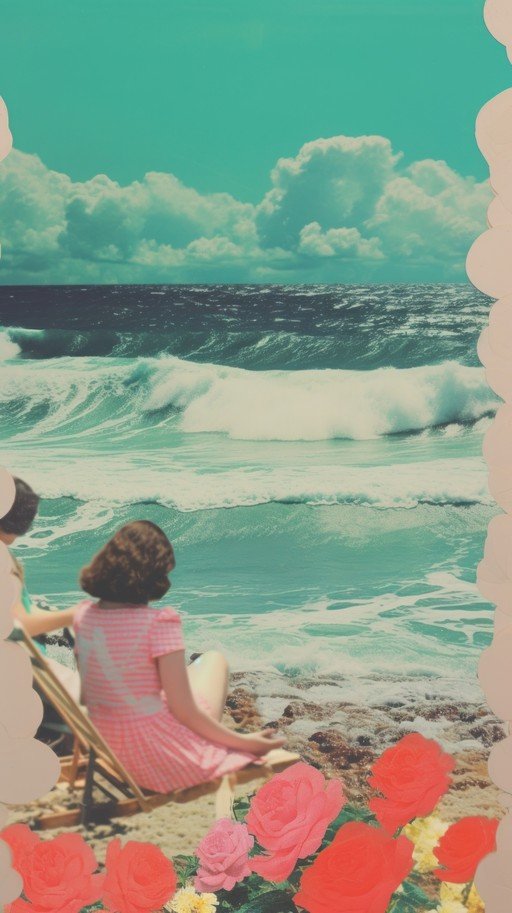 Retro Beach Scene with Women and Ocean Waves