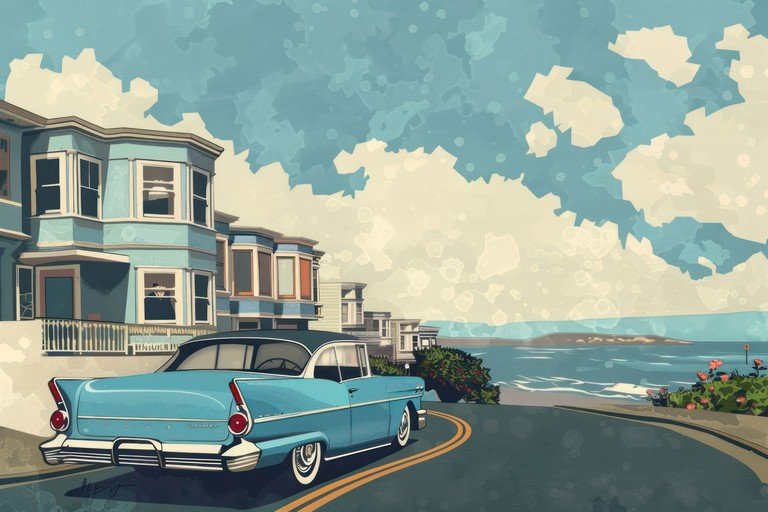 Vintage Blue Car on Coastal Road with Bay Windows