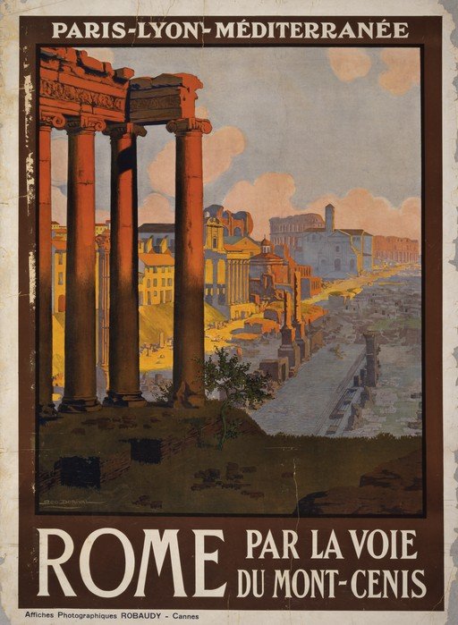 Vintage Rome Travel Poster: Ancient Ruins and Parisian Railway