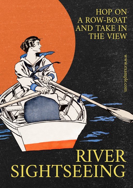 Vintage River Sightseeing Poster with Woman Rowing