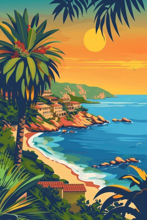 Vibrant Coastal Village at Sunset