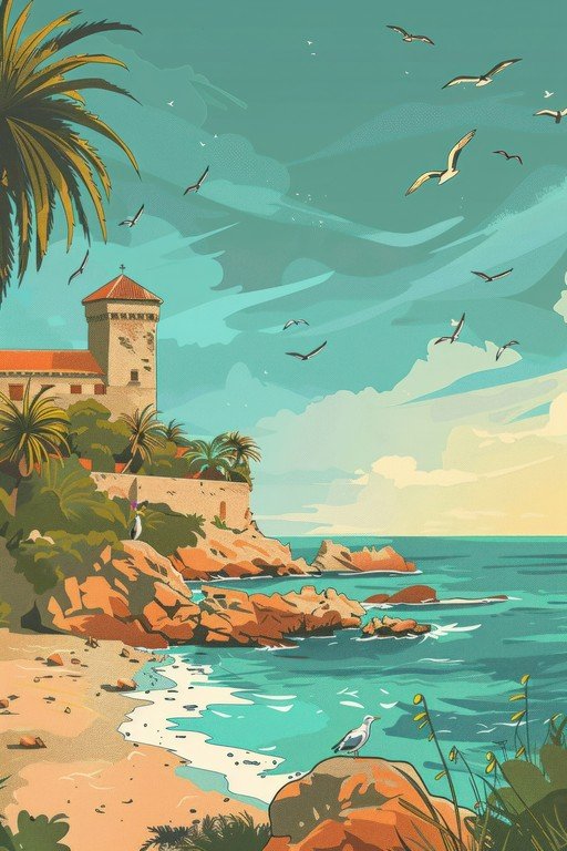Coastal Castle and Seagulls Over Turquoise Sea