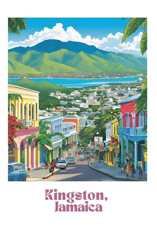 Vibrant Kingston, Jamaica Street Scene with Mountains and Sea