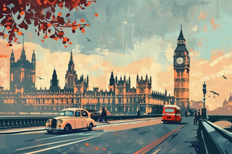 London's Iconic Skyline with Vintage Cars
