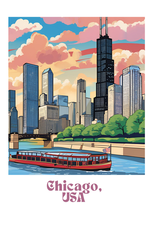 Chicago Skyline with Riverboat and Dramatic Sky