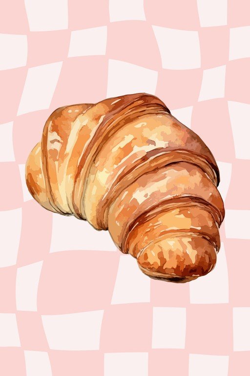 Watercolor Croissant on Pink Checkerboard Background