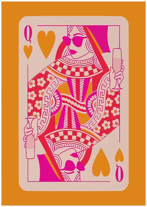 Queen of Hearts Playing Card with Sunglasses and Champagne