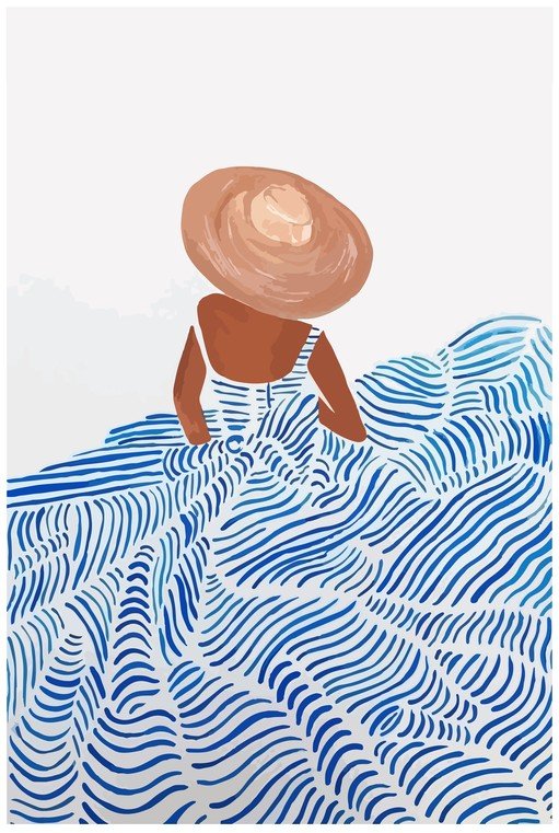 Woman in Sun Hat and Striped Dress by the Water