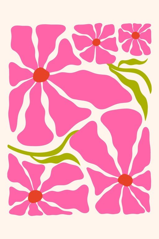 Abstract Pink Floral Art with Green Leaves