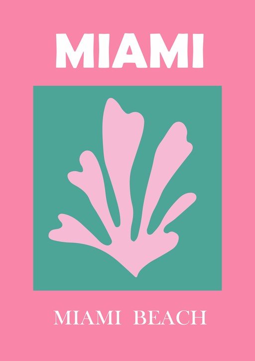 Miami Beach Poster with Pink Coral and Teal Background