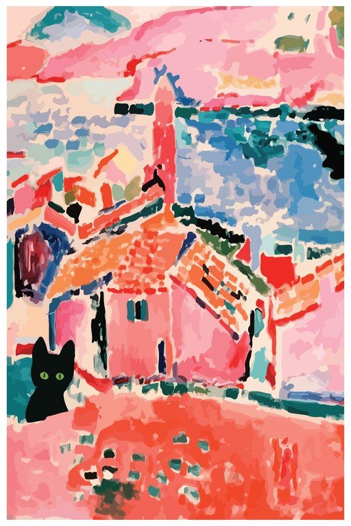 Vibrant Fauvist Village Scene with Black Cat