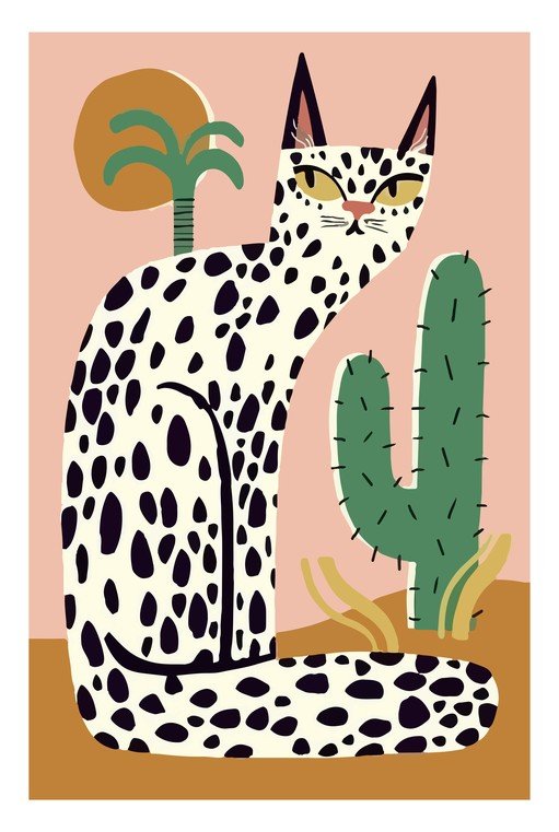 Whimsical Spotted Cat in Desert Landscape